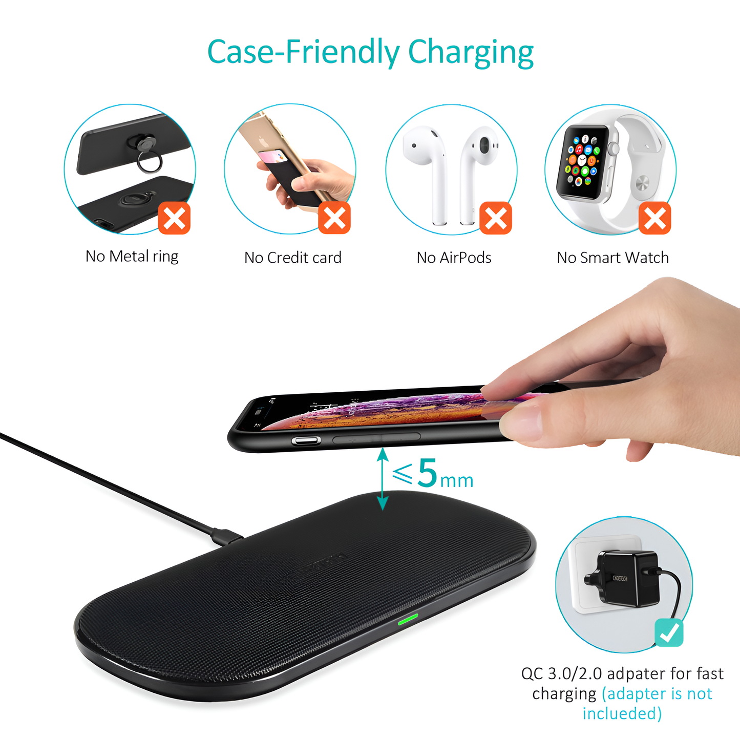 Choetech 5-Coil 15W Dual Fast Wireless Charger for Wireless charging Supported Mobiles, T535-S by jcbl accessories, Case- FRIENDLY CHARGING | NO METAL RING| No credit card | No Airpods | No smart watch| 5MM| ac 3.0/2.0 adpater for fast | ~ charging (adapter is not ~~ inclueded)