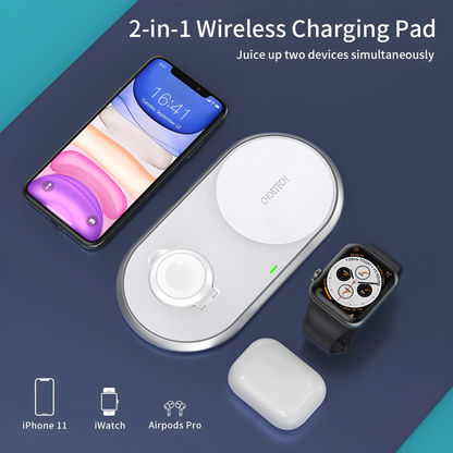 Choetech 2-in-1 15W Dual Wireless Charger For Iphone and Apple Watch (MFI Certified), T317 by jcbl accessories. 2-in-1 Wireless Charging Pad sl Juice up two devices simultaneously.iPhone 11| iwatch | Airpods Pro