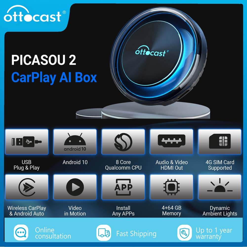 Ottocast PICASOU 2 Plug-n-Play CarPlay/Android Multimedia AI Device Box. by jcbl accessories.PICASOU2 CarPlay Al Box| USB Plug&Play | Android 10 ~~ 8 QualcommCPU ~~Audio & video  HDMI Out , 4G Sim card Supported| Wireless CarPlay & Android Auto~~ Video in motion| Install Any Apps~~ 4+64GB  memory | Dynamic Ambient Lights | “Online =~ (@m™N coco (Ex) Upto year _ consultation ® Fast Shipping ®) Warranty |