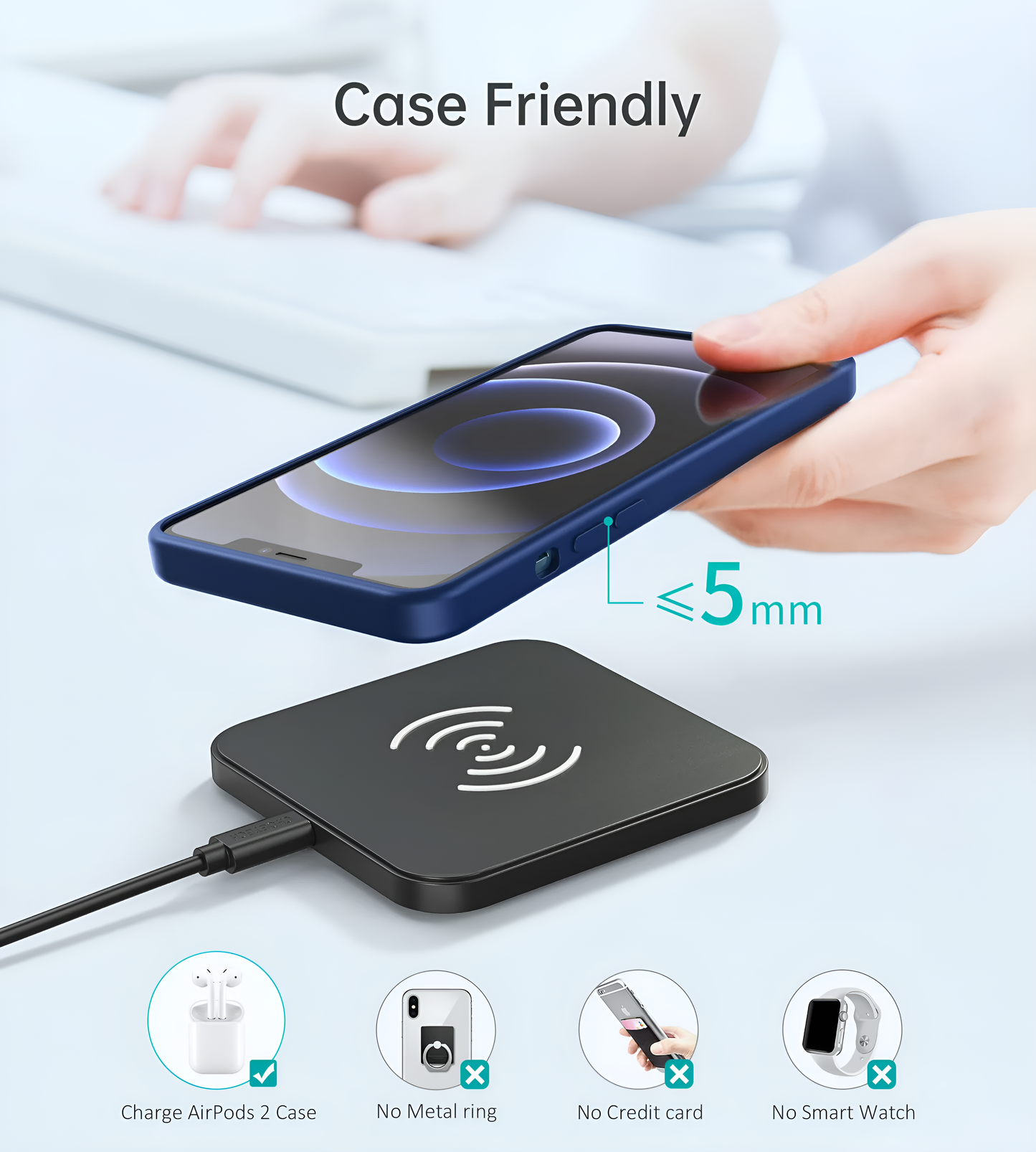 Choetech 10W Fast Wireless Charger for Qi Wireless charging Supported Mobiles, T511-S by jcbl accessories. Case friendly, 5MM,— Charge AirPods 2 Case No Metal ring No Credit card No Smart Watch