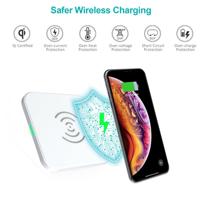 Choetech 10W Fast Wireless Charger for Qi Wireless charging Supported Mobiles, T511-S,| Safer Wireless Charging | 0 x iy) @© ® ® ® @ @& | Qi Certified Over-current Over-heat Over-voltage Short Circuit Over-charge | Protection Protection Protection Protection Protection