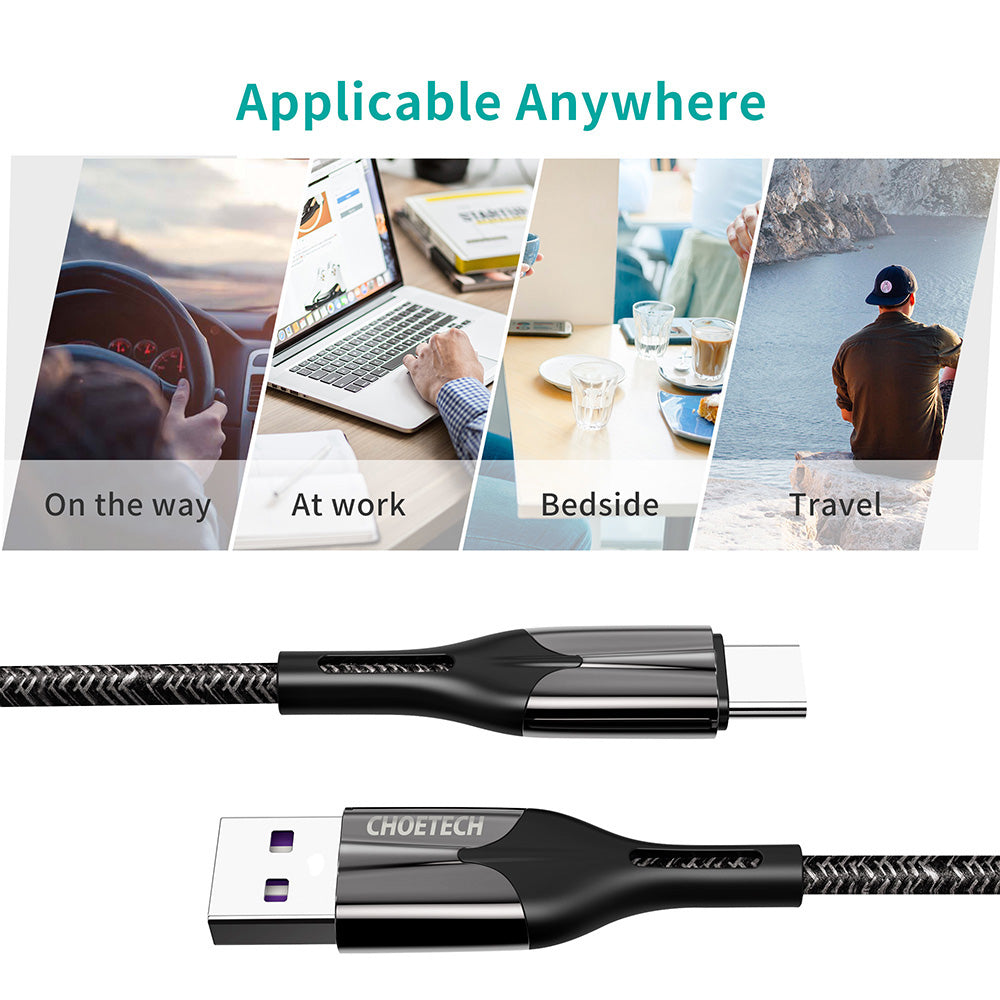 Choetech USB-A To Type-C 1.2m Fast Charging 5A Cable, AC0013. Applicable Anywhere: On the way, At work, Bedside, Travel