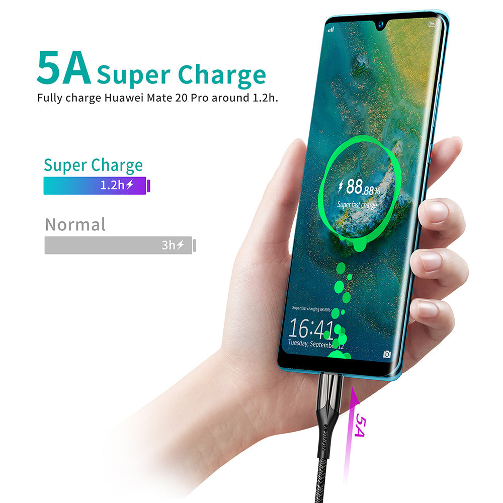 Choetech USB-A To Type-C 1.2m Fast Charging 5A Cable, AC0013. 5A Super Charge, fully charge Huawei mate 20 pro around 1.2h. Super Charger(1.2h), Normal(3h)